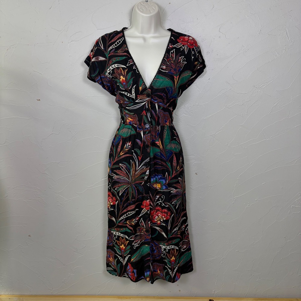 Angie Floral Tropical Button Front Midi Dress Women Size Medium Boho Summer